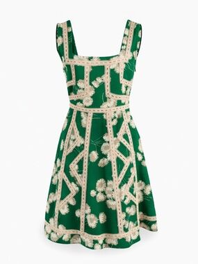 Maeve (Anthropologie) Green Floral Square-Neck Midi Dress with Cream Trim Sz 0